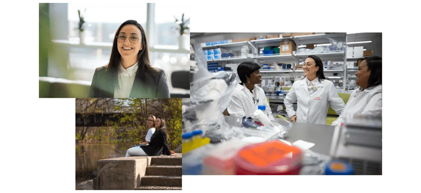 A three photo collage of Carolina de Aguiar Ferreira smiling posing for a professional photo, working with other scientists in a lab, and sitting with a friend
