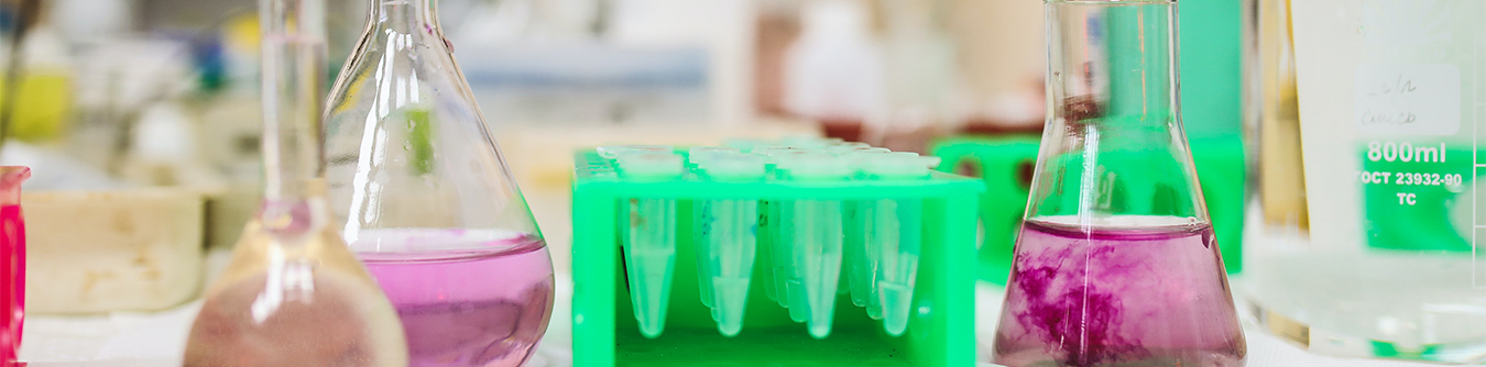 Test tubes and vials on a table
